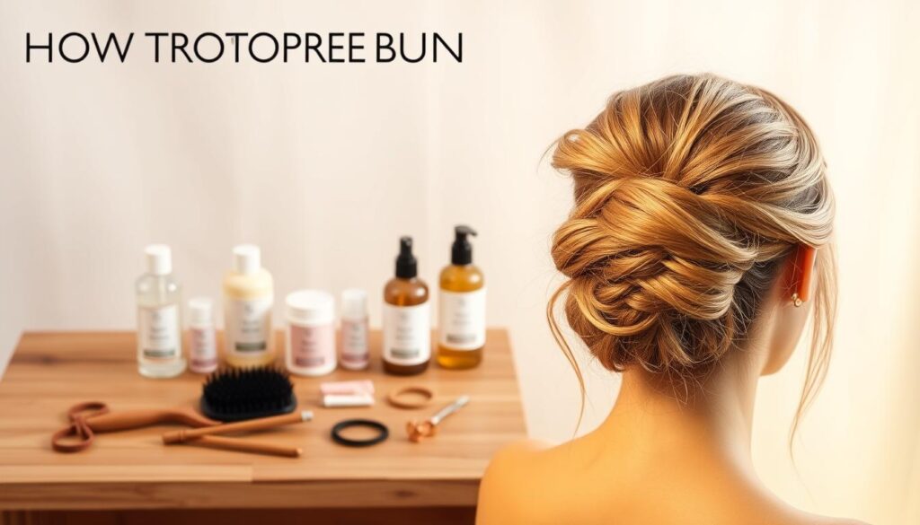 A detailed step-by-step tutorial on how to create a voluminous bun hairstyle with thin hair. The foreground depicts a woman with long, fine hair styled into a messy, textured bun, highlighted by warm, diffused studio lighting from the right side. The middle ground showcases various haircare products and tools, such as a round brush, hair serum, and hair ties, arranged neatly on a minimalist wooden surface. The background features a soft, blurred backdrop in a neutral tone, creating a clean, sophisticated atmosphere that complements the hairstyling demonstration. A detailed step-by-step tutorial on how to create a voluminous bun hairstyle with thin hair. The foreground depicts a woman with long, fine hair styled into a messy, textured bun, highlighted by warm, diffused studio lighting from the right side. The middle ground showcases various haircare products and tools, such as a round brush, hair serum, and hair ties, arranged neatly on a minimalist wooden surface. The background features a soft, blurred backdrop in a neutral tone, creating a clean, sophisticated atmosphere that complements the hairstyling demonstration.