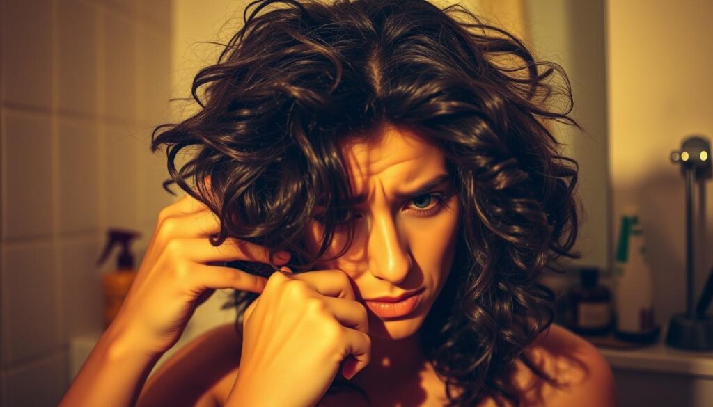 A dimly lit bathroom scene, showcasing a person gently brushing their medium-porosity hair. The lighting is warm and soft, casting shadows that accentuate the hair's texture and volume. The person's expression is one of frustration, as they struggle with frizzy, unruly strands. In the background, various hair care products are visible, hinting at the challenges of managing this hair type. The composition is balanced, with the person's face and hair taking up the central focus, surrounded by the supporting details of the setting. The overall mood is one of contemplation and the search for solutions to common medium-porosity hair problems. A dimly lit bathroom scene, showcasing a person gently brushing their medium-porosity hair. The lighting is warm and soft, casting shadows that accentuate the hair's texture and volume. The person's expression is one of frustration, as they struggle with frizzy, unruly strands. In the background, various hair care products are visible, hinting at the challenges of managing this hair type. The composition is balanced, with the person's face and hair taking up the central focus, surrounded by the supporting details of the setting. The overall mood is one of contemplation and the search for solutions to common medium-porosity hair problems.