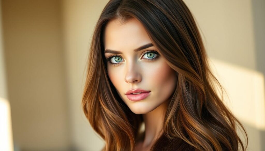 A graceful woman with striking green eyes stands against a softly blurred background. Her hair, a rich chestnut hue, flows in gentle waves, perfectly complementing the vibrant emerald of her irises. The lighting is warm and natural, casting a subtle glow upon her features. The composition is balanced, drawing the viewer's attention to the harmonious interplay of hair and eye color. This image captures the essence of the most flattering hair shades for those blessed with verdant green eyes. A graceful woman with striking green eyes stands against a softly blurred background. Her hair, a rich chestnut hue, flows in gentle waves, perfectly complementing the vibrant emerald of her irises. The lighting is warm and natural, casting a subtle glow upon her features. The composition is balanced, drawing the viewer's attention to the harmonious interplay of hair and eye color. This image captures the essence of the most flattering hair shades for those blessed with verdant green eyes.