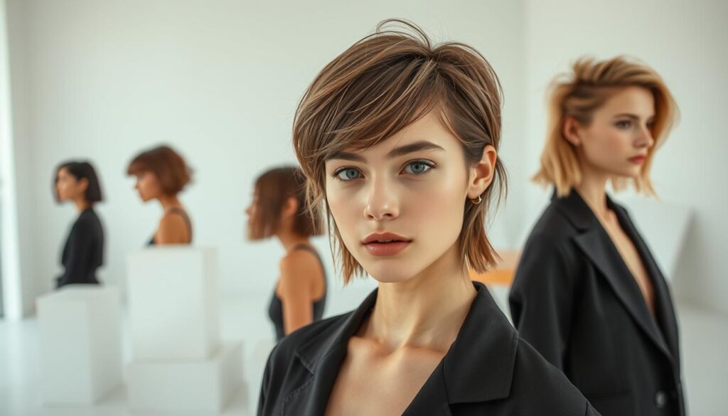 A high-fashion editorial scene showcasing trendy hairstyles for 2023. In the foreground, a young model poses confidently, her hair styled in a chic, textured lob with subtle highlights. The lighting is soft and diffused, accentuating the model's facial features and the sheen of her tresses. In the middle ground, additional models display a range of contemporary cuts - from a sleek, angled bob to a modern, shaggy mullet. The background features a minimalist studio setting with clean white walls and simple, geometric props, allowing the hairstyles to take center stage. The overall atmosphere is sophisticated yet youthful, capturing the essence of the latest hair trends. A high-fashion editorial scene showcasing trendy hairstyles for 2023. In the foreground, a young model poses confidently, her hair styled in a chic, textured lob with subtle highlights. The lighting is soft and diffused, accentuating the model's facial features and the sheen of her tresses. In the middle ground, additional models display a range of contemporary cuts - from a sleek, angled bob to a modern, shaggy mullet. The background features a minimalist studio setting with clean white walls and simple, geometric props, allowing the hairstyles to take center stage. The overall atmosphere is sophisticated yet youthful, capturing the essence of the latest hair trends.