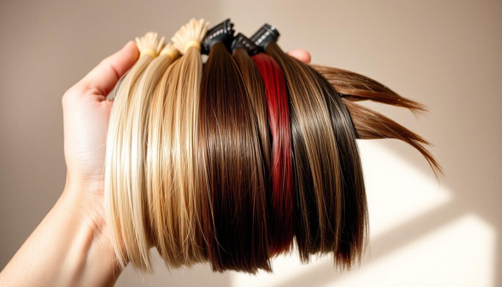 A high-quality close-up photograph of a woman's hand holding a bundle of human hair extensions in various shades of blonde, brown, and red. The hair strands are of different lengths, textures, and thicknesses, arranged neatly and organized. The hand is positioned against a soft, blurred background with a subtle gradient, creating a sense of depth and focus on the hair. The lighting is natural, slightly diffused, and casts gentle shadows, highlighting the individual hair fibers. The overall impression conveys the diverse range and quality of hair extensions available for hair lengthening and thickening in 2024. A high-quality close-up photograph of a woman's hand holding a bundle of human hair extensions in various shades of blonde, brown, and red. The hair strands are of different lengths, textures, and thicknesses, arranged neatly and organized. The hand is positioned against a soft, blurred background with a subtle gradient, creating a sense of depth and focus on the hair. The lighting is natural, slightly diffused, and casts gentle shadows, highlighting the individual hair fibers. The overall impression conveys the diverse range and quality of hair extensions available for hair lengthening and thickening in 2024.
