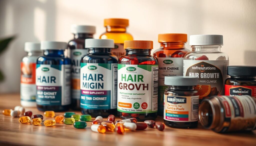 A high-quality close-up photograph of an assortment of hair growth supplements, including capsules, tablets, and gummies, arranged neatly on a wooden table or surface. The lighting is soft and warm, casting gentle shadows and highlighting the vibrant colors and textures of the products. The focus is sharp, drawing the viewer's attention to the details of the supplements, such as the labeling, branding, and ingredient lists. The overall composition is balanced and aesthetically pleasing, conveying a sense of health, wellness, and the potential for improved hair thickness and vitality. A high-quality close-up photograph of an assortment of hair growth supplements, including capsules, tablets, and gummies, arranged neatly on a wooden table or surface. The lighting is soft and warm, casting gentle shadows and highlighting the vibrant colors and textures of the products. The focus is sharp, drawing the viewer's attention to the details of the supplements, such as the labeling, branding, and ingredient lists. The overall composition is balanced and aesthetically pleasing, conveying a sense of health, wellness, and the potential for improved hair thickness and vitality.
