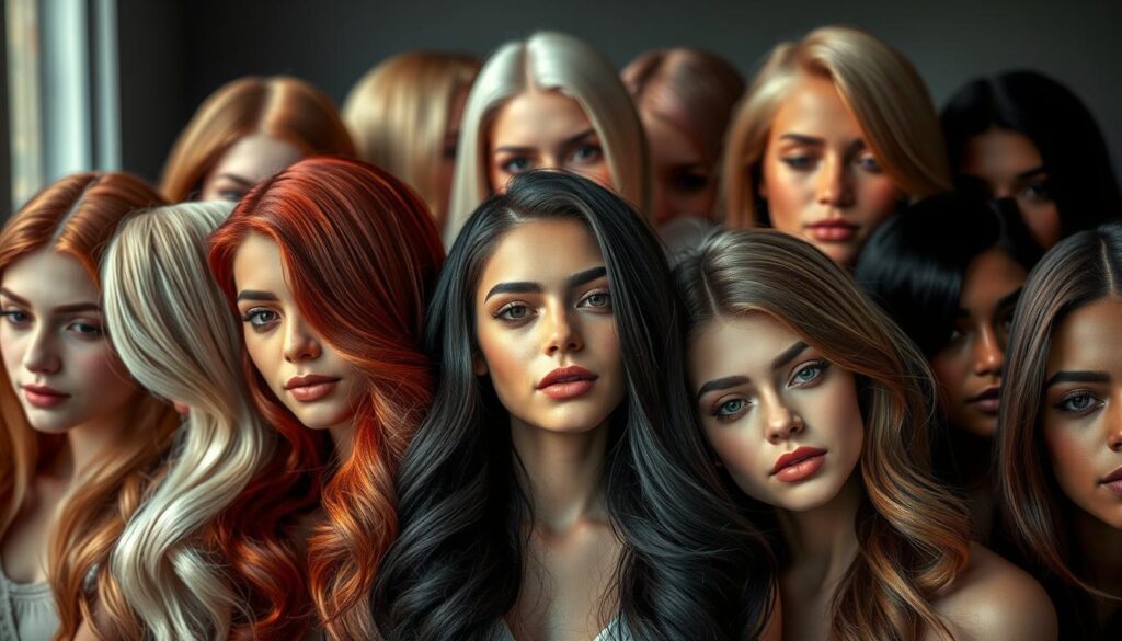 A high-resolution, photorealistic image showcasing an elegant assortment of diverse hair colors against various skin tones. The foreground features a central focal point, displaying a thoughtfully curated palette of vibrant hues, from rich auburn and warm chestnut to cool platinum and midnight black. The middle ground blends seamlessly, highlighting the harmonious interplay between hair color and complexion, with a soft, diffused lighting accentuating the natural beauty. The background subtly transitions, creating a sense of depth and showcasing the versatility of hair color selection in relation to skin tone. Captured with a shallow depth of field and a cinematic, moody atmosphere, the image conveys the essence of the "Najlepsze kolory włosów do różnych karnacji" section. A high-resolution, photorealistic image showcasing an elegant assortment of diverse hair colors against various skin tones. The foreground features a central focal point, displaying a thoughtfully curated palette of vibrant hues, from rich auburn and warm chestnut to cool platinum and midnight black. The middle ground blends seamlessly, highlighting the harmonious interplay between hair color and complexion, with a soft, diffused lighting accentuating the natural beauty. The background subtly transitions, creating a sense of depth and showcasing the versatility of hair color selection in relation to skin tone. Captured with a shallow depth of field and a cinematic, moody atmosphere, the image conveys the essence of the "Najlepsze kolory włosów do różnych karnacji" section.