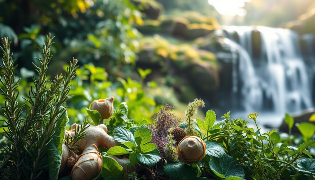 A lush, verdant garden setting with a focus on various natural hair growth remedies. In the foreground, an array of fresh herbs and botanicals, such as rosemary, ginger, and nettle, are meticulously arranged, conveying a sense of organic vitality. The middle ground features a serene, sun-dappled landscape, with soft, diffused lighting highlighting the natural textures and colors. In the background, a tranquil waterfall cascades over a moss-covered rock formation, creating a soothing, rejuvenating atmosphere. The overall composition evokes a holistic, earthy approach to hair regrowth, emphasizing the power of nature to restore and revitalize. A lush, verdant garden setting with a focus on various natural hair growth remedies. In the foreground, an array of fresh herbs and botanicals, such as rosemary, ginger, and nettle, are meticulously arranged, conveying a sense of organic vitality. The middle ground features a serene, sun-dappled landscape, with soft, diffused lighting highlighting the natural textures and colors. In the background, a tranquil waterfall cascades over a moss-covered rock formation, creating a soothing, rejuvenating atmosphere. The overall composition evokes a holistic, earthy approach to hair regrowth, emphasizing the power of nature to restore and revitalize.