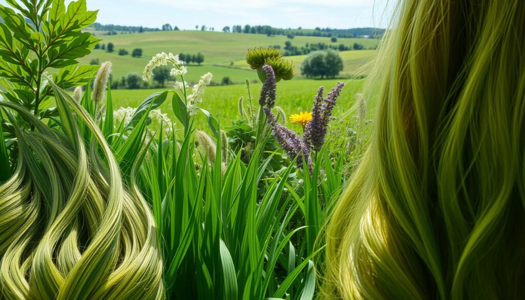 A lush, verdant garden setting with an abundance of vibrant, healthy-looking hair strands in the foreground. The hair appears full, voluminous and lustrous, cascading down in natural, flowing waves. Soft, diffused natural lighting illuminates the hair, accentuating its texture and shine. In the middle ground, various botanicals and herbal plants are depicted, representing natural remedies and treatments for hair thickening and growth. The background features a serene, pastoral landscape with rolling hills, trees and a clear blue sky, conveying a sense of tranquility and harmony. The overall mood is one of natural beauty, vitality and wellness. A lush, verdant garden setting with an abundance of vibrant, healthy-looking hair strands in the foreground. The hair appears full, voluminous and lustrous, cascading down in natural, flowing waves. Soft, diffused natural lighting illuminates the hair, accentuating its texture and shine. In the middle ground, various botanicals and herbal plants are depicted, representing natural remedies and treatments for hair thickening and growth. The background features a serene, pastoral landscape with rolling hills, trees and a clear blue sky, conveying a sense of tranquility and harmony. The overall mood is one of natural beauty, vitality and wellness.