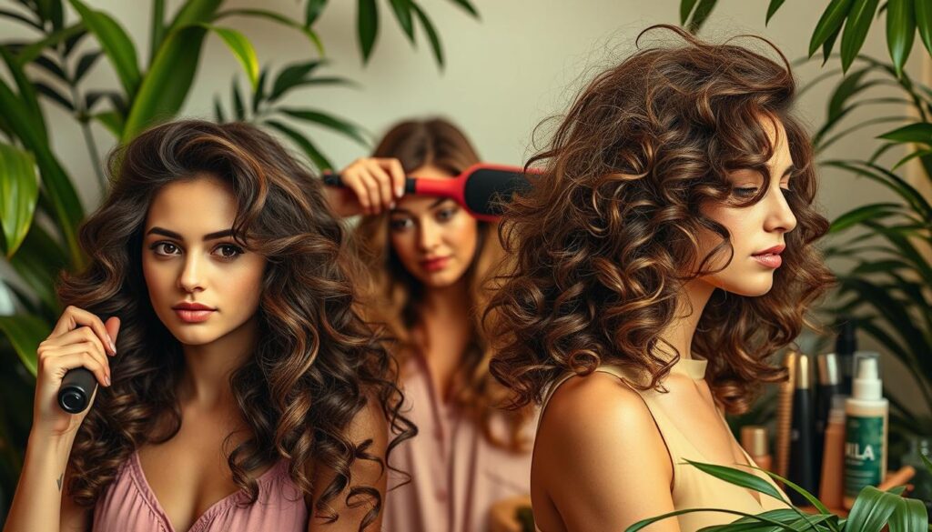A lush, vibrant scene showcasing a variety of hair styling methods. In the foreground, a model with voluminous, bouncy curls, achieved through the strategic use of curling irons and volumizing products. In the middle ground, a woman brushing her hair with a boar bristle brush, creating lift and texture. In the background, an array of hair care essentials - serums, sprays, and heat styling tools - arranged artfully, hinting at the array of techniques available to enhance hair volume. Soft, diffused lighting casts a warm, inviting glow, emphasizing the healthy, lustrous quality of the hair. The overall atmosphere conveys a sense of effortless, salon-quality style. A lush, vibrant scene showcasing a variety of hair styling methods. In the foreground, a model with voluminous, bouncy curls, achieved through the strategic use of curling irons and volumizing products. In the middle ground, a woman brushing her hair with a boar bristle brush, creating lift and texture. In the background, an array of hair care essentials - serums, sprays, and heat styling tools - arranged artfully, hinting at the array of techniques available to enhance hair volume. Soft, diffused lighting casts a warm, inviting glow, emphasizing the healthy, lustrous quality of the hair. The overall atmosphere conveys a sense of effortless, salon-quality style.