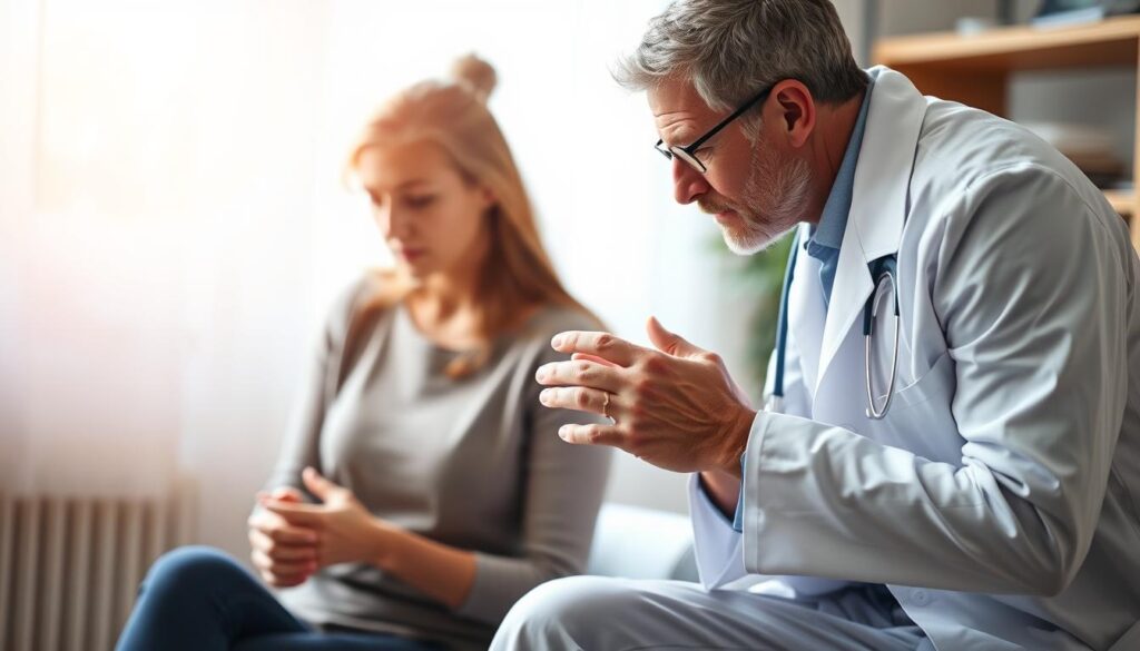 A medical consultation room with a warm, professional atmosphere. In the foreground, a patient sits nervously, their hands clasped, seeking advice from a dermatologist. The doctor, in a crisp white coat, leans forward, examining the patient's scalp intently, empathy and expertise etched on their features. Soft, natural lighting filters in through a window, casting a soothing glow. The background is subtly blurred, keeping the focus on the important exchange between the two individuals. The scene conveys the importance of seeking professional guidance for hair loss, a common yet often distressing condition. A medical consultation room with a warm, professional atmosphere. In the foreground, a patient sits nervously, their hands clasped, seeking advice from a dermatologist. The doctor, in a crisp white coat, leans forward, examining the patient's scalp intently, empathy and expertise etched on their features. Soft, natural lighting filters in through a window, casting a soothing glow. The background is subtly blurred, keeping the focus on the important exchange between the two individuals. The scene conveys the importance of seeking professional guidance for hair loss, a common yet often distressing condition.