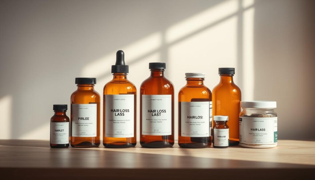 A minimalist still life composition depicting a row of amber glass bottles and jars filled with various hair loss treatment medications. The bottles are arranged neatly on a simple wooden surface, with soft, natural lighting casting gentle shadows. The bottles feature sleek, modern designs with clean labels, conveying a sense of professionalism and efficacy. The overall mood is one of simplicity, effectiveness, and a focus on the products' purpose - to combat male pattern baldness. The composition emphasizes the core subject matter without distractions, allowing the viewer to concentrate on the hair loss treatment medications. A minimalist still life composition depicting a row of amber glass bottles and jars filled with various hair loss treatment medications. The bottles are arranged neatly on a simple wooden surface, with soft, natural lighting casting gentle shadows. The bottles feature sleek, modern designs with clean labels, conveying a sense of professionalism and efficacy. The overall mood is one of simplicity, effectiveness, and a focus on the products' purpose - to combat male pattern baldness. The composition emphasizes the core subject matter without distractions, allowing the viewer to concentrate on the hair loss treatment medications.