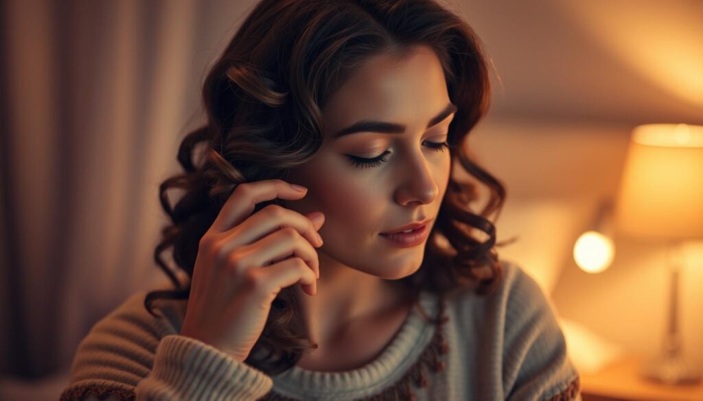 A peaceful nighttime scene, a woman gently wrapping her hair around her fingers, creating soft, defined curls. The lighting is warm and cozy, a soft glow from a bedside lamp highlighting the delicate strands. The woman's expression is serene, her focus intent on the process of carefully crafting her hairstyle for the night. The background is blurred, creating a sense of intimacy and calm. The camera angle is slightly elevated, capturing the intricate details of the hair-curling technique. The overall atmosphere is one of tranquility and self-care, showcasing the simple pleasure of preparing for a good night's sleep. A peaceful nighttime scene, a woman gently wrapping her hair around her fingers, creating soft, defined curls. The lighting is warm and cozy, a soft glow from a bedside lamp highlighting the delicate strands. The woman's expression is serene, her focus intent on the process of carefully crafting her hairstyle for the night. The background is blurred, creating a sense of intimacy and calm. The camera angle is slightly elevated, capturing the intricate details of the hair-curling technique. The overall atmosphere is one of tranquility and self-care, showcasing the simple pleasure of preparing for a good night's sleep.