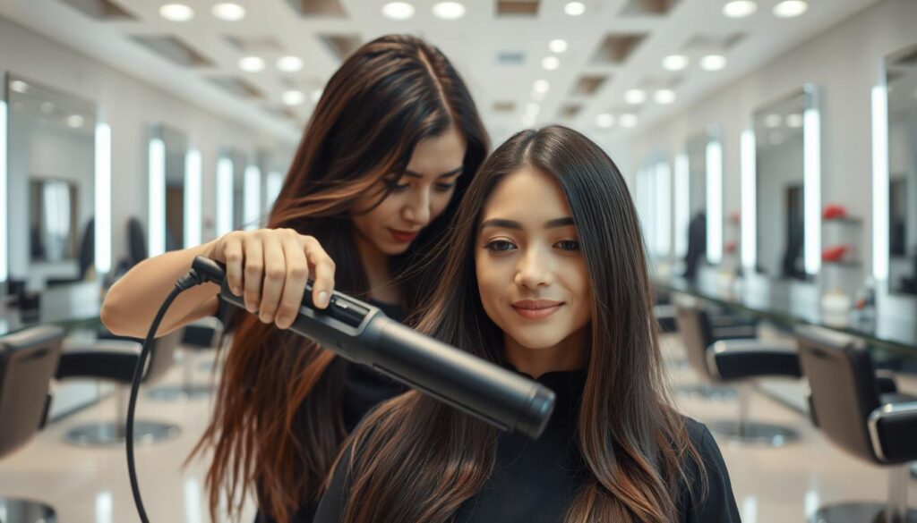 A pristine salon interior, with sleek chrome styling stations and mirrors lining the walls. Overhead, soft, diffused lighting creates a serene, professional atmosphere. In the foreground, a stylist deftly wields a high-tech flat iron, effortlessly straightening a client's flowing locks. The client's expression is one of serene contentment as they undergo the transformative process. The scene evokes a sense of expertise, precision, and the meticulous care taken in delivering flawless, salon-quality hair styling. A pristine salon interior, with sleek chrome styling stations and mirrors lining the walls. Overhead, soft, diffused lighting creates a serene, professional atmosphere. In the foreground, a stylist deftly wields a high-tech flat iron, effortlessly straightening a client's flowing locks. The client's expression is one of serene contentment as they undergo the transformative process. The scene evokes a sense of expertise, precision, and the meticulous care taken in delivering flawless, salon-quality hair styling.