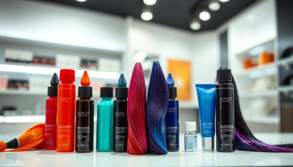 A professional hair color display showcasing a vibrant assortment of vivid, high-quality hair dye shades. The foreground features a clean, minimalist arrangement of several small bottles and tubes in a range of captivating hues, from bold reds and vibrant blues to warm ambers and cool violets. The middle ground includes a softly blurred background of salon-style shelving, hinting at the professional salon environment. Indirect studio lighting casts a flattering, even glow across the products, highlighting their rich pigmentation and smooth, glossy finishes. The overall mood is one of sophisticated elegance and modern, high-end artistry, capturing the essence of the latest professional hair color trends.