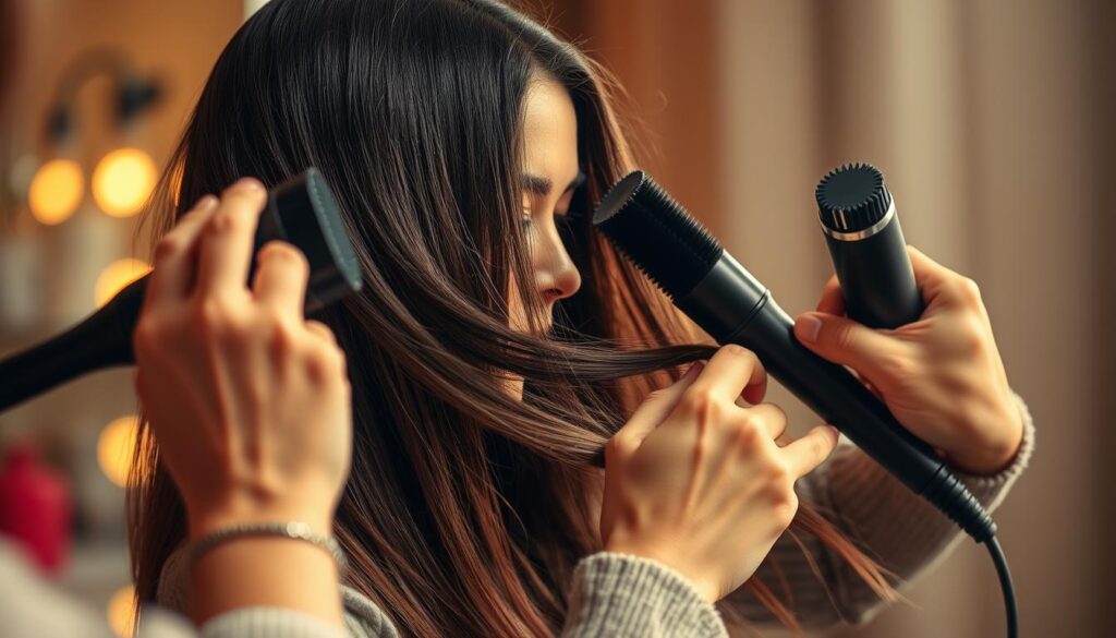 A professional hair stylist expertly wielding an array of tools - brushes, combs, and thermal devices - to smooth and tame voluminous locks. The scene is bathed in warm, diffused lighting, creating a serene, salon-like ambiance. The model's hair is finely textured, flowing gracefully as the stylist gently manipulates the strands, coaxing them into a sleek, polished style. The focus is on the intricate, meticulous techniques employed to reduce bulkiness and enhance manageability, showcasing the stylist's mastery of the craft. An air of tranquility and precision permeates the image, capturing the essence of effective hairstyling methods. A professional hair stylist expertly wielding an array of tools - brushes, combs, and thermal devices - to smooth and tame voluminous locks. The scene is bathed in warm, diffused lighting, creating a serene, salon-like ambiance. The model's hair is finely textured, flowing gracefully as the stylist gently manipulates the strands, coaxing them into a sleek, polished style. The focus is on the intricate, meticulous techniques employed to reduce bulkiness and enhance manageability, showcasing the stylist's mastery of the craft. An air of tranquility and precision permeates the image, capturing the essence of effective hairstyling methods.