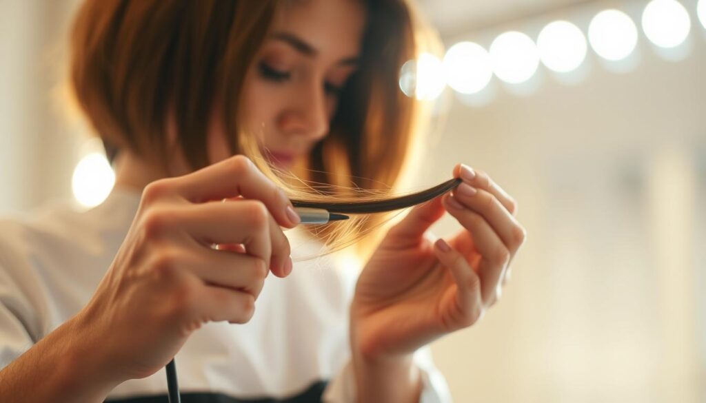 A professional hairstylist carefully examining a strand of hair against a luminous backdrop, showcasing the delicate process of hair coloration. The scene is bathed in a soft, warm light, highlighting the intricate interplay of hues and tones as the color transforms the hair. The focus is on the hands and tools, capturing the precision and artistry involved in this intricate service. The overall atmosphere conveys a sense of contemplation and the passage of time, inviting the viewer to appreciate the nuances of the coloring technique. A professional hairstylist carefully examining a strand of hair against a luminous backdrop, showcasing the delicate process of hair coloration. The scene is bathed in a soft, warm light, highlighting the intricate interplay of hues and tones as the color transforms the hair. The focus is on the hands and tools, capturing the precision and artistry involved in this intricate service. The overall atmosphere conveys a sense of contemplation and the passage of time, inviting the viewer to appreciate the nuances of the coloring technique.