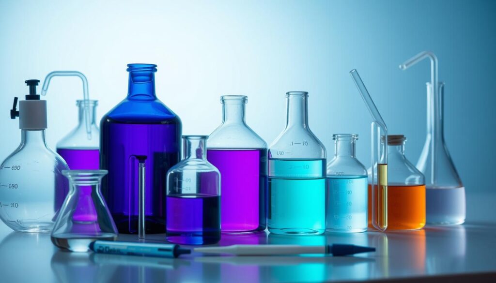 A professional laboratory setup with various chemical apparatus and glassware, including beakers, test tubes, and pipettes. The scene is well-lit, with a clean, modern aesthetic and a neutral background that allows the equipment to take center stage. Subtle blue and purple hues create a sense of scientific investigation, while the arrangement of the items suggests a methodical, step-by-step process for removing hair color. The overall impression is one of a controlled, precise, and effective chemical method for stripping hair dye. A professional laboratory setup with various chemical apparatus and glassware, including beakers, test tubes, and pipettes. The scene is well-lit, with a clean, modern aesthetic and a neutral background that allows the equipment to take center stage. Subtle blue and purple hues create a sense of scientific investigation, while the arrangement of the items suggests a methodical, step-by-step process for removing hair color. The overall impression is one of a controlled, precise, and effective chemical method for stripping hair dye.