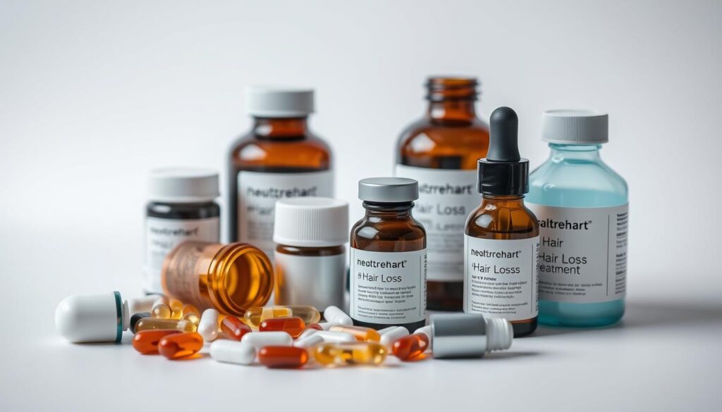 A professional, well-lit studio close-up shot of various hair loss treatment medications, including pills, capsules, and serums, neatly arranged on a clean, minimalist background. The lighting is soft and diffused, highlighting the textures and colors of the products. The image conveys a sense of scientific precision and medical authority, reflecting the effectiveness and reliability of the hair loss treatments depicted. A professional, well-lit studio close-up shot of various hair loss treatment medications, including pills, capsules, and serums, neatly arranged on a clean, minimalist background. The lighting is soft and diffused, highlighting the textures and colors of the products. The image conveys a sense of scientific precision and medical authority, reflecting the effectiveness and reliability of the hair loss treatments depicted.