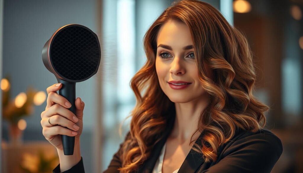 A professional woman with wavy, voluminous hair is gently drying it with a hair diffuser, bathed in warm, flattering lighting. The diffuser's unique shape and airflow pattern are clearly visible, showcasing the technique's mechanics. The background is blurred, keeping the focus on the subject's hair and the act of drying. The overall mood is one of calm, self-care, and the satisfying process of achieving the perfect hairstyle. A professional woman with wavy, voluminous hair is gently drying it with a hair diffuser, bathed in warm, flattering lighting. The diffuser's unique shape and airflow pattern are clearly visible, showcasing the technique's mechanics. The background is blurred, keeping the focus on the subject's hair and the act of drying. The overall mood is one of calm, self-care, and the satisfying process of achieving the perfect hairstyle.