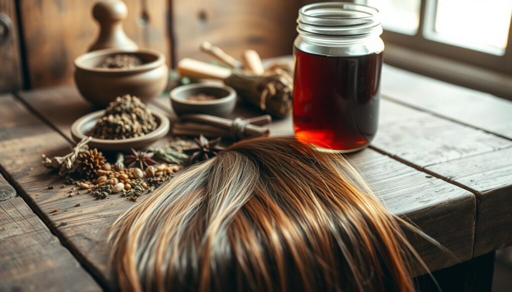 A rustic wooden table, its surface worn by time, holds an array of natural ingredients - dried herbs, spices, and a glass jar filled with a rich, dark liquid. In the foreground, a few strands of hair cascade over the table, highlighting the vibrant, chestnut hue. Soft, natural lighting filters through a window, casting a warm, earthy glow across the scene. The mood is one of simplicity and authenticity, inviting the viewer to imagine the nourishing, homemade hair rinse that will transform dull, lackluster locks into a rich, natural sheen. A rustic wooden table, its surface worn by time, holds an array of natural ingredients - dried herbs, spices, and a glass jar filled with a rich, dark liquid. In the foreground, a few strands of hair cascade over the table, highlighting the vibrant, chestnut hue. Soft, natural lighting filters through a window, casting a warm, earthy glow across the scene. The mood is one of simplicity and authenticity, inviting the viewer to imagine the nourishing, homemade hair rinse that will transform dull, lackluster locks into a rich, natural sheen.