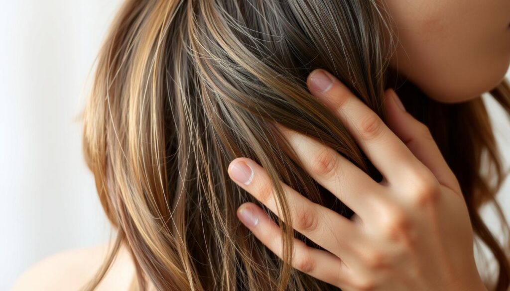 A serene and tranquil scene of a person's hands gently massaging and caring for their luscious, healthy-looking hair. The lighting is soft and diffused, creating a warm and inviting atmosphere. The hair, though slightly damaged, appears to be in the process of rejuvenation, with strands of varying textures and shades. The focus is on the delicate, attentive movements of the hands, demonstrating the importance of gentle, nourishing care for recovering from heat-damaged hair. The background is blurred, allowing the viewer to concentrate on the restorative process unfolding before them. A serene and tranquil scene of a person's hands gently massaging and caring for their luscious, healthy-looking hair. The lighting is soft and diffused, creating a warm and inviting atmosphere. The hair, though slightly damaged, appears to be in the process of rejuvenation, with strands of varying textures and shades. The focus is on the delicate, attentive movements of the hands, demonstrating the importance of gentle, nourishing care for recovering from heat-damaged hair. The background is blurred, allowing the viewer to concentrate on the restorative process unfolding before them.