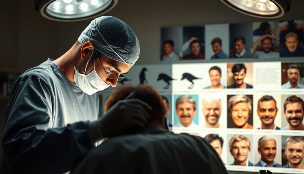 A serene, historical scene showcasing the evolution of hair transplantation. In the foreground, a skilled surgeon meticulously performs a hair restoration procedure, his focused gaze and steady hands reflecting the precision of the craft. The middle ground features a timeline of advancements, from early experimental techniques to modern, minimally invasive methods. In the background, a montage of patient transformations, each face radiating newfound confidence and rejuvenation. The lighting is soft and warm, casting a sense of timelessness over the scene. The composition combines medical realism with a sense of human progress, capturing the history and continued significance of this transformative procedure. A serene, historical scene showcasing the evolution of hair transplantation. In the foreground, a skilled surgeon meticulously performs a hair restoration procedure, his focused gaze and steady hands reflecting the precision of the craft. The middle ground features a timeline of advancements, from early experimental techniques to modern, minimally invasive methods. In the background, a montage of patient transformations, each face radiating newfound confidence and rejuvenation. The lighting is soft and warm, casting a sense of timelessness over the scene. The composition combines medical realism with a sense of human progress, capturing the history and continued significance of this transformative procedure.