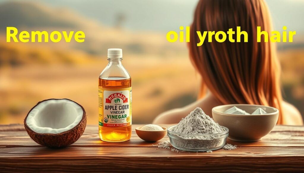 A serene, minimalist scene depicting natural methods for removing oil from hair. In the foreground, a variety of organic cleansers - coconut oil, apple cider vinegar, and clay powder - are artfully arranged on a wooden surface. The middle ground features a person's head with long, healthy-looking hair, emphasizing the effectiveness of these gentle, nourishing techniques. The background is a soft, blurred natural landscape, conveying a sense of tranquility and balance. Warm, diffused lighting casts a subtle glow, highlighting the textures and tones of the natural ingredients. The overall atmosphere is calming, inviting the viewer to consider the benefits of these sustainable, eco-friendly hair care solutions. A serene, minimalist scene depicting natural methods for removing oil from hair. In the foreground, a variety of organic cleansers - coconut oil, apple cider vinegar, and clay powder - are artfully arranged on a wooden surface. The middle ground features a person's head with long, healthy-looking hair, emphasizing the effectiveness of these gentle, nourishing techniques. The background is a soft, blurred natural landscape, conveying a sense of tranquility and balance. Warm, diffused lighting casts a subtle glow, highlighting the textures and tones of the natural ingredients. The overall atmosphere is calming, inviting the viewer to consider the benefits of these sustainable, eco-friendly hair care solutions.