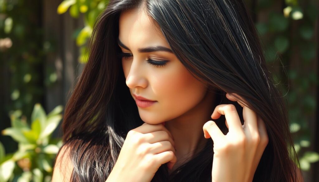 A serene natural setting with a woman thoughtfully examining her dark, lustrous hair. Warm natural lighting illuminates the scene, casting gentle shadows and highlights on her face and hair. The background features a lush, verdant garden with vibrant foliage and hints of a wooden fence or trellis. She appears relaxed, her expression contemplative as she considers natural ways to deepen the color of her hair. The overall mood is one of tranquility and introspection, inviting the viewer to imagine the journey of naturally enhancing one's hair color.