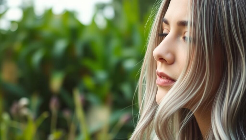 A serene natural setting with lush greenery in the background, featuring a close-up of a woman's head with vibrant, silver-streaked hair cascading gently. The lighting is soft and diffused, creating a warm, inviting atmosphere. The woman's expression is peaceful, conveying a sense of self-acceptance and embracing the natural beauty of her hair. Slight bokeh effect in the foreground and background, subtly drawing the viewer's attention to the central subject. The overall composition and color palette evoke a sense of harmony and natural remedies for gray hair. A serene natural setting with lush greenery in the background, featuring a close-up of a woman's head with vibrant, silver-streaked hair cascading gently. The lighting is soft and diffused, creating a warm, inviting atmosphere. The woman's expression is peaceful, conveying a sense of self-acceptance and embracing the natural beauty of her hair. Slight bokeh effect in the foreground and background, subtly drawing the viewer's attention to the central subject. The overall composition and color palette evoke a sense of harmony and natural remedies for gray hair.