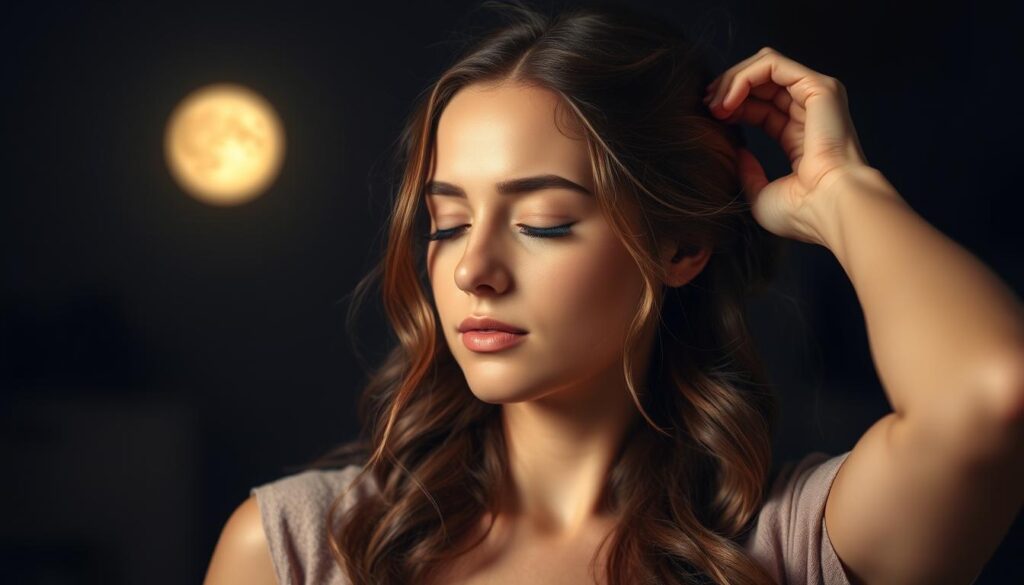 A serene nighttime setting, a young woman gently pinning her long, wavy hair into a soft updo. Diffused moonlight casts a warm, ethereal glow, highlighting the delicate strands framing her peaceful expression. The scene conveys the tranquility and care associated with preparing one's hair for a restful night's sleep. Wispy tendrils escape the updo, suggesting the natural movement and flow of the hair. The composition emphasizes the woman's face and hairstyle, capturing the essence of the "Dlaczego warto upinać włosy na noc?" section of the article. A serene nighttime setting, a young woman gently pinning her long, wavy hair into a soft updo. Diffused moonlight casts a warm, ethereal glow, highlighting the delicate strands framing her peaceful expression. The scene conveys the tranquility and care associated with preparing one's hair for a restful night's sleep. Wispy tendrils escape the updo, suggesting the natural movement and flow of the hair. The composition emphasizes the woman's face and hairstyle, capturing the essence of the "Dlaczego warto upinać włosy na noc?" section of the article.