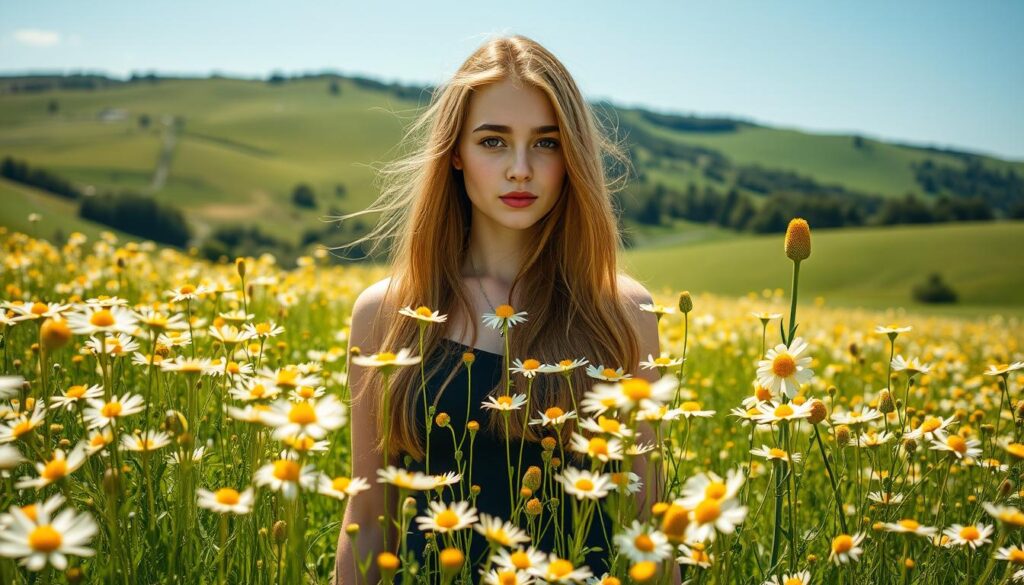 A serene, sunlit meadow with vibrant yellow chamomile flowers in the foreground, their delicate petals gently swaying in the breeze. In the middle ground, a young woman with flowing, golden hair stands amidst the blossoms, her face tranquil and radiant. The background is a lush, verdant landscape with rolling hills and a clear, azure sky, creating a calming and rejuvenating atmosphere. The lighting is soft and diffused, highlighting the natural beauty of the scene and the woman's luminous tresses. The overall composition conveys a sense of harmony and the restorative power of nature. A serene, sunlit meadow with vibrant yellow chamomile flowers in the foreground, their delicate petals gently swaying in the breeze. In the middle ground, a young woman with flowing, golden hair stands amidst the blossoms, her face tranquil and radiant. The background is a lush, verdant landscape with rolling hills and a clear, azure sky, creating a calming and rejuvenating atmosphere. The lighting is soft and diffused, highlighting the natural beauty of the scene and the woman's luminous tresses. The overall composition conveys a sense of harmony and the restorative power of nature.