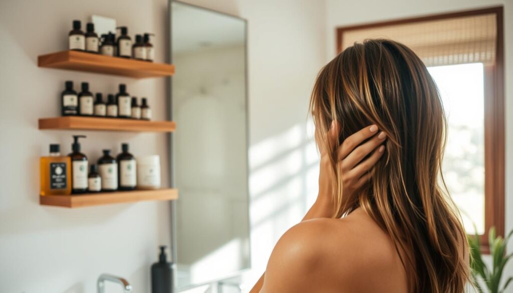 A serene, well-lit bathroom setting with wooden shelves displaying various hair care oils and products. In the foreground, a woman's hands gently massaging oil into her damp, shoulder-length hair, creating a soothing, spa-like atmosphere. The middle ground features a large mirror reflecting the process, while the background showcases natural light streaming through a window, casting a warm glow over the scene. The overall mood is one of relaxation, self-care, and the ritual of hair nourishment. A serene, well-lit bathroom setting with wooden shelves displaying various hair care oils and products. In the foreground, a woman's hands gently massaging oil into her damp, shoulder-length hair, creating a soothing, spa-like atmosphere. The middle ground features a large mirror reflecting the process, while the background showcases natural light streaming through a window, casting a warm glow over the scene. The overall mood is one of relaxation, self-care, and the ritual of hair nourishment.