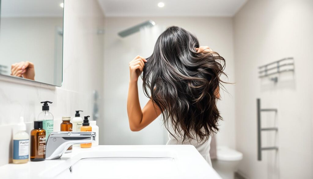A serene, well-lit bathroom setting. The foreground features a clean, modern sink and counter, with an assortment of haircare products neatly arranged. In the middle ground, a person with thick, lustrous hair examines the strands, deep in thought. The background depicts a spacious, well-lit shower area, with steam gently rising, creating a calming atmosphere. The lighting is soft and diffused, casting a warm, natural glow throughout the scene. The overall composition conveys a sense of tranquility and thoughtfulness, encouraging the viewer to consider effective ways to prevent hair loss. A serene, well-lit bathroom setting. The foreground features a clean, modern sink and counter, with an assortment of haircare products neatly arranged. In the middle ground, a person with thick, lustrous hair examines the strands, deep in thought. The background depicts a spacious, well-lit shower area, with steam gently rising, creating a calming atmosphere. The lighting is soft and diffused, casting a warm, natural glow throughout the scene. The overall composition conveys a sense of tranquility and thoughtfulness, encouraging the viewer to consider effective ways to prevent hair loss.