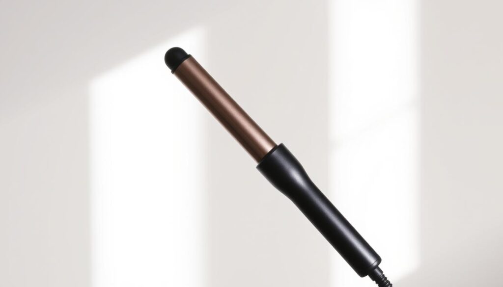 A sleek, high-quality hair curling iron set against a minimalist, light-filled backdrop. The curler's barrel has a smooth, glossy finish, with a heat-resistant, ergonomic handle. Soft, diffused lighting from the side creates subtle shadows, highlighting the curler's elegant, streamlined design. The image conveys a sense of precision, quality, and care for hair health, reflecting the article's focus on finding a curling iron that does not damage hair. A sleek, high-quality hair curling iron set against a minimalist, light-filled backdrop. The curler's barrel has a smooth, glossy finish, with a heat-resistant, ergonomic handle. Soft, diffused lighting from the side creates subtle shadows, highlighting the curler's elegant, streamlined design. The image conveys a sense of precision, quality, and care for hair health, reflecting the article's focus on finding a curling iron that does not damage hair.