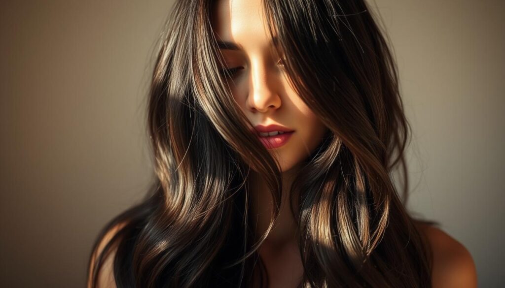 A softly lit portrait of a person's head and shoulders, with the focus on their long, dark hair. The hair cascades in lush waves, with natural highlights and lowlights that create depth and dimension. The lighting is warm and flattering, emanating from the side and casting gentle shadows that accentuate the hair's texture and movement. The background is blurred and muted, allowing the hair to be the central subject. The overall mood is serene and introspective, inviting the viewer to imagine the simple, natural process of darkening one's hair. A softly lit portrait of a person's head and shoulders, with the focus on their long, dark hair. The hair cascades in lush waves, with natural highlights and lowlights that create depth and dimension. The lighting is warm and flattering, emanating from the side and casting gentle shadows that accentuate the hair's texture and movement. The background is blurred and muted, allowing the hair to be the central subject. The overall mood is serene and introspective, inviting the viewer to imagine the simple, natural process of darkening one's hair.