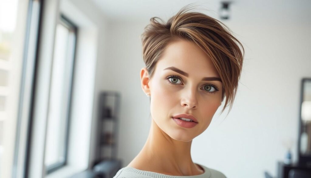 A stylish woman with a sleek, modern haircut stands in a chic, minimalist salon, her tousled short locks framing her face in a flattering way. Soft, even lighting from a large window illuminates her features, casting subtle shadows that accentuate the angles of her refined hairstyle. The background is a clean, white wall, allowing the focus to remain on the subject and her fashionable, on-trend hair. The overall mood is polished, contemporary, and subtly glamorous, perfectly encapsulating the latest trends in short hairstyles for the season. A stylish woman with a sleek, modern haircut stands in a chic, minimalist salon, her tousled short locks framing her face in a flattering way. Soft, even lighting from a large window illuminates her features, casting subtle shadows that accentuate the angles of her refined hairstyle. The background is a clean, white wall, allowing the focus to remain on the subject and her fashionable, on-trend hair. The overall mood is polished, contemporary, and subtly glamorous, perfectly encapsulating the latest trends in short hairstyles for the season.