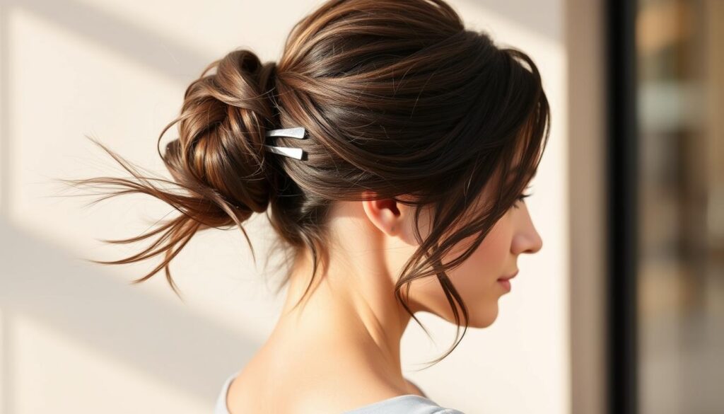 A stylish woman with flowing dark hair elegantly styled into a trendy updo, secured with a sleek, metallic hair clip. She stands against a softly blurred, ethereal background, bathed in warm, natural lighting that accentuates the sheen of her hairstyle. The hairstyle is both practical and fashionable, showcasing the versatility of the hair clip accessory. The overall mood is one of effortless sophistication, reflecting the essence of the "Modne fryzury z klamrą" section of the article. A stylish woman with flowing dark hair elegantly styled into a trendy updo, secured with a sleek, metallic hair clip. She stands against a softly blurred, ethereal background, bathed in warm, natural lighting that accentuates the sheen of her hairstyle. The hairstyle is both practical and fashionable, showcasing the versatility of the hair clip accessory. The overall mood is one of effortless sophistication, reflecting the essence of the "Modne fryzury z klamrą" section of the article.