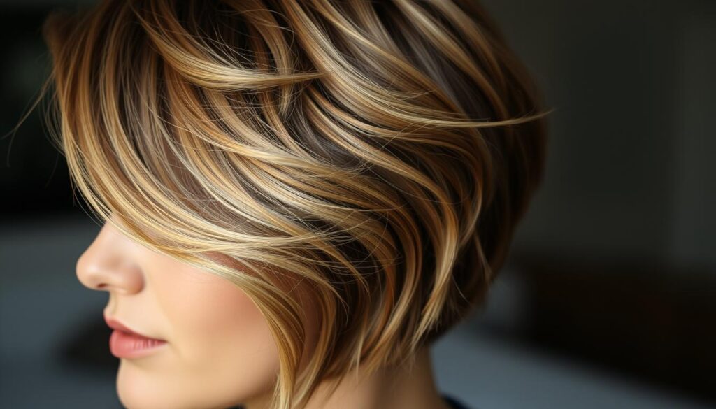 A stylized close-up of a woman's short, wavy hairstyle with natural-looking texture and subtle highlights. The lighting is soft and diffused, creating a warm, inviting atmosphere. The hair is styled in simple yet elegant techniques, such as a side-swept part, delicate waves, and gentle volume at the crown. The focus is on the intricate details of the hairstyle, showcasing the versatility and ease of styling short hair. The background is blurred, keeping the attention solely on the expressive hairstyle. A stylized close-up of a woman's short, wavy hairstyle with natural-looking texture and subtle highlights. The lighting is soft and diffused, creating a warm, inviting atmosphere. The hair is styled in simple yet elegant techniques, such as a side-swept part, delicate waves, and gentle volume at the crown. The focus is on the intricate details of the hairstyle, showcasing the versatility and ease of styling short hair. The background is blurred, keeping the attention solely on the expressive hairstyle.