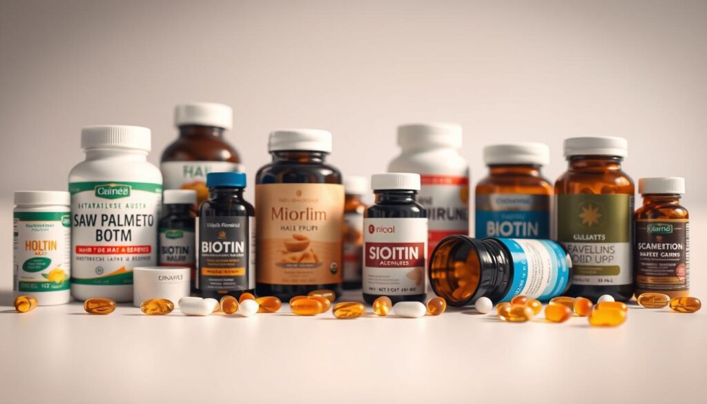 A stylized close-up photograph of an assortment of natural hair loss remedies and supplements, such as saw palmetto, biotin, and folic acid capsules, laid out on a clean, minimalist white surface. Warm, soft lighting illuminates the products, creating a sense of wellness and efficacy. The arrangement is visually balanced, with some items in focus and others subtly blurred in the foreground and background, evoking a sense of depth and professionalism. The overall mood is serene, informative, and gently persuasive, inviting the viewer to consider these natural solutions for hair loss. A stylized close-up photograph of an assortment of natural hair loss remedies and supplements, such as saw palmetto, biotin, and folic acid capsules, laid out on a clean, minimalist white surface. Warm, soft lighting illuminates the products, creating a sense of wellness and efficacy. The arrangement is visually balanced, with some items in focus and others subtly blurred in the foreground and background, evoking a sense of depth and professionalism. The overall mood is serene, informative, and gently persuasive, inviting the viewer to consider these natural solutions for hair loss.