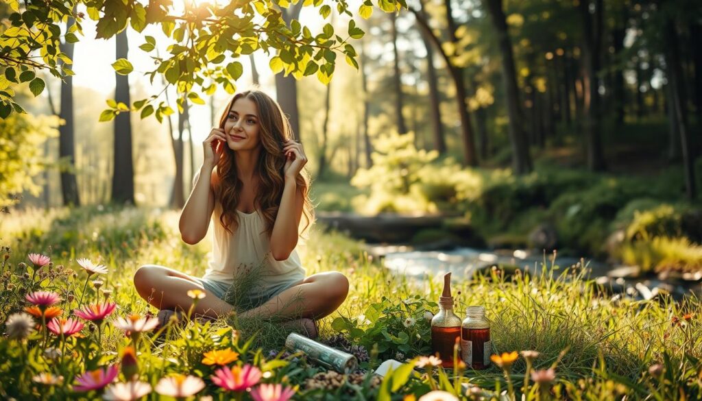 A sun-dappled meadow, filled with vibrant wildflowers and lush greenery. In the foreground, a woman with cascading, wavy hair sits cross-legged, applying a natural hair treatment using her fingers. The light filters through the leaves above, casting a warm, golden glow on her face and hair. In the middle ground, various herbs and botanicals are scattered around her, suggesting the use of homemade, organic styling products. The background features a tranquil forest, with tall trees and a serene stream flowing nearby, creating a calming, naturalistic atmosphere. The overall scene evokes a sense of simplicity, wellness, and a connection to the natural world. A sun-dappled meadow, filled with vibrant wildflowers and lush greenery. In the foreground, a woman with cascading, wavy hair sits cross-legged, applying a natural hair treatment using her fingers. The light filters through the leaves above, casting a warm, golden glow on her face and hair. In the middle ground, various herbs and botanicals are scattered around her, suggesting the use of homemade, organic styling products. The background features a tranquil forest, with tall trees and a serene stream flowing nearby, creating a calming, naturalistic atmosphere. The overall scene evokes a sense of simplicity, wellness, and a connection to the natural world.