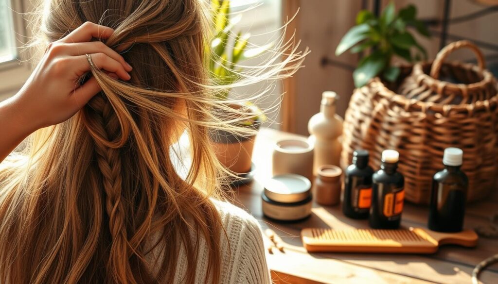 A sun-dappled scene of natural hair styling techniques. In the foreground, a woman's hands gently braiding strands of long, flowing hair. Tendrils of wispy flyaways catch the soft, warm light. In the middle ground, a selection of natural hair care products - a clay pomade, a wooden comb, a glass bottle of essential oils. The background features a rustic wooden table, with potted plants and a woven basket, creating a cozy, earthy atmosphere. Soft, diffused lighting bathes the scene, evoking a sense of tranquility and simplicity. The overall mood is one of gentle self-care and connection with nature. A sun-dappled scene of natural hair styling techniques. In the foreground, a woman's hands gently braiding strands of long, flowing hair. Tendrils of wispy flyaways catch the soft, warm light. In the middle ground, a selection of natural hair care products - a clay pomade, a wooden comb, a glass bottle of essential oils. The background features a rustic wooden table, with potted plants and a woven basket, creating a cozy, earthy atmosphere. Soft, diffused lighting bathes the scene, evoking a sense of tranquility and simplicity. The overall mood is one of gentle self-care and connection with nature.