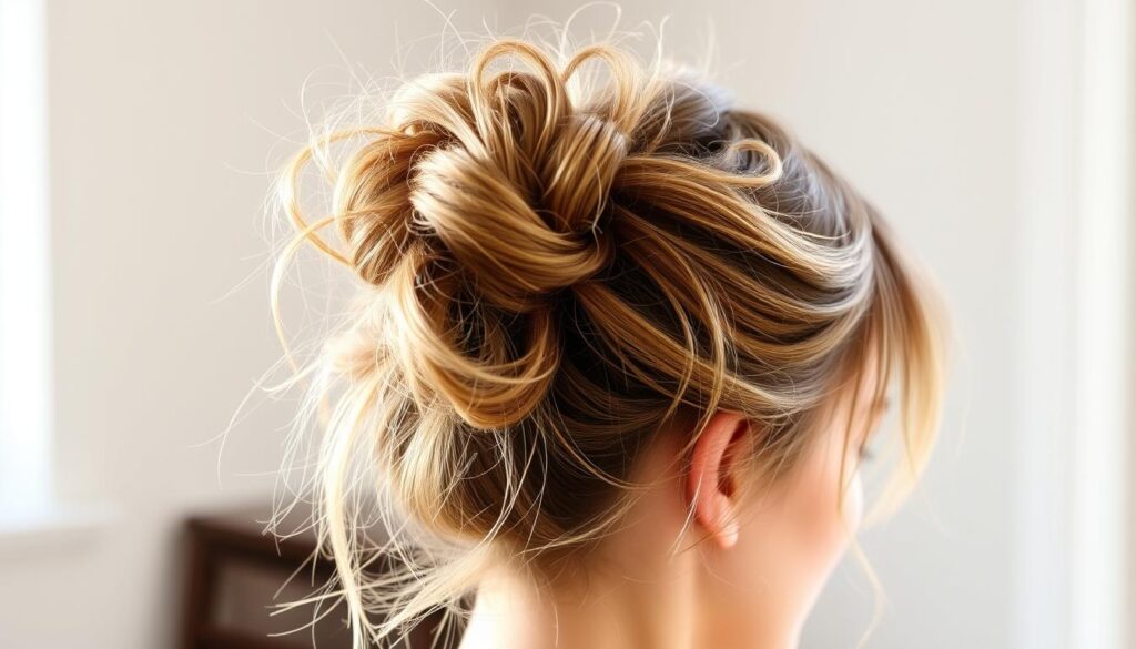 A tousled, effortless messy bun hairstyle with volume and texture, styled on a woman with fine, thin hair. The hair is artfully arranged in a slightly disheveled, lived-in updo, with wispy strands framing the face. Soft, directional lighting accentuates the layered, voluminous look, creating a natural, relaxed vibe. The image showcases the versatility of achieving a stylish messy bun, even with delicate, fine hair, providing inspiration for the article's section on creating volume and dimension. A tousled, effortless messy bun hairstyle with volume and texture, styled on a woman with fine, thin hair. The hair is artfully arranged in a slightly disheveled, lived-in updo, with wispy strands framing the face. Soft, directional lighting accentuates the layered, voluminous look, creating a natural, relaxed vibe. The image showcases the versatility of achieving a stylish messy bun, even with delicate, fine hair, providing inspiration for the article's section on creating volume and dimension.
