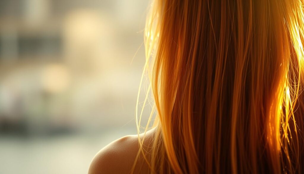 A tranquil, sun-dappled scene of healthy, glowing hair cascading down a woman's shoulders, glistening with the subtle sheen of natural hair oil. In the foreground, strands of hair are highlighted, showcasing their vibrant color and silky texture. The middle ground features a serene, blurred background, creating a sense of focus on the hair's beauty. Warm, diffused lighting from an unseen window bathes the scene in a soft, golden glow, accentuating the hair's luminous shine. The overall mood is one of calm, self-care, and the natural, nourishing benefits of regular hair oiling. A tranquil, sun-dappled scene of healthy, glowing hair cascading down a woman's shoulders, glistening with the subtle sheen of natural hair oil. In the foreground, strands of hair are highlighted, showcasing their vibrant color and silky texture. The middle ground features a serene, blurred background, creating a sense of focus on the hair's beauty. Warm, diffused lighting from an unseen window bathes the scene in a soft, golden glow, accentuating the hair's luminous shine. The overall mood is one of calm, self-care, and the natural, nourishing benefits of regular hair oiling.