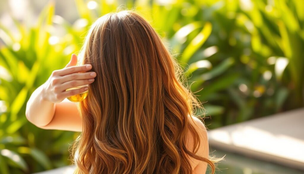 A tranquil, sunlit scene depicting the benefits of hair oiling. In the foreground, a woman's hands gently massaging fragrant oil into her lustrous, flowing hair. The middle ground showcases her hair's transformation, with strands appearing softer, shinier, and more manageable. In the background, a lush, verdant setting evokes a sense of natural rejuvenation. Warm, diffused lighting illuminates the scene, creating a serene, spa-like atmosphere. The composition emphasizes the woman's relaxed, satisfied expression, conveying the restorative properties of this hair care ritual. A tranquil, sunlit scene depicting the benefits of hair oiling. In the foreground, a woman's hands gently massaging fragrant oil into her lustrous, flowing hair. The middle ground showcases her hair's transformation, with strands appearing softer, shinier, and more manageable. In the background, a lush, verdant setting evokes a sense of natural rejuvenation. Warm, diffused lighting illuminates the scene, creating a serene, spa-like atmosphere. The composition emphasizes the woman's relaxed, satisfied expression, conveying the restorative properties of this hair care ritual.