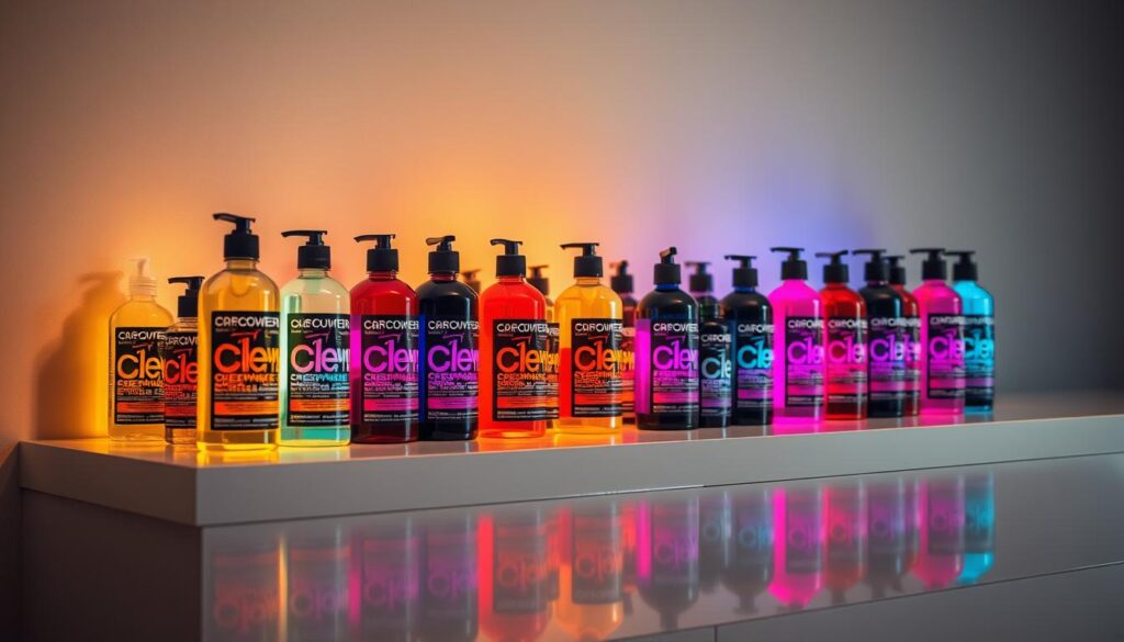 A vibrant array of chemical hair dyes in various shades, meticulously arranged on a sleek, minimalist countertop. The bottles, adorned with vivid, eye-catching labels, cast a warm, inviting glow under the soft, diffused lighting. The scene is captured from a slightly elevated, three-quarter angle, allowing the viewer to fully appreciate the diverse color palette and the professional-grade quality of the products. The overall atmosphere conveys a sense of creativity, transformation, and the transformative power of chemical hair coloring solutions.