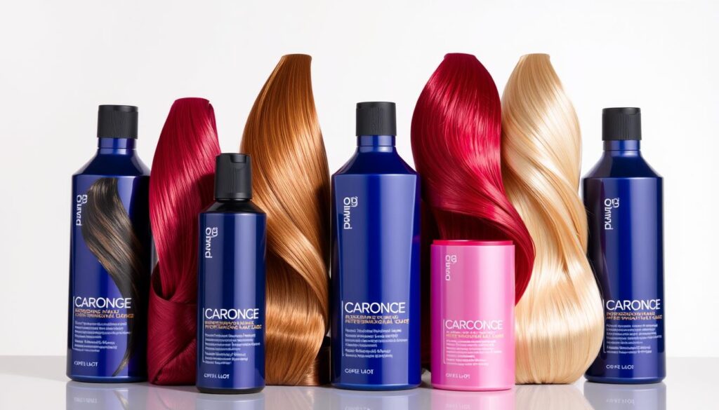 A vibrant array of professional hair dye bottles, meticulously arranged against a clean, minimalist background. The bottles feature sleek, modern designs with bold, eye-catching colors, ranging from rich brunette to vibrant blonde shades. The lighting is soft and even, highlighting the sheen and texture of the hair products. The overall composition creates a sense of sophistication and high-quality, showcasing the premium nature of these professional hair dyes. The image exudes a sense of beauty, elegance, and the promise of salon-worthy hair transformations.