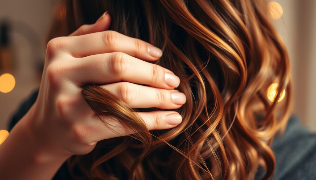 A vibrant closeup image of a person's hands carefully applying hair dye to wavy, shoulder-length brown hair. The focus is on the application process, with the hands delicately separating and coating the strands. Soft, warm lighting casts a gentle glow, creating a cozy, intimate atmosphere. The background is slightly blurred, keeping the attention on the detailed, step-by-step nature of the hair coloring. The overall mood is one of quiet concentration and the satisfaction of a DIY beauty routine. The image should effectively illustrate the "Porady na temat farbowania włosów w domu" section of the article. A vibrant closeup image of a person's hands carefully applying hair dye to wavy, shoulder-length brown hair. The focus is on the application process, with the hands delicately separating and coating the strands. Soft, warm lighting casts a gentle glow, creating a cozy, intimate atmosphere. The background is slightly blurred, keeping the attention on the detailed, step-by-step nature of the hair coloring. The overall mood is one of quiet concentration and the satisfaction of a DIY beauty routine. The image should effectively illustrate the "Porady na temat farbowania włosów w domu" section of the article.