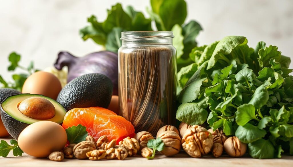 A vibrant still life arrangement showcasing a variety of hair-healthy superfoods. In the foreground, a selection of nutritious ingredients such as avocado, eggs, salmon, walnuts, and leafy greens are displayed with natural lighting creating depth and texture. The middle ground features a glass jar filled with shiny, glossy hair strands, emphasizing the beneficial properties of the featured foods. The background subtly blends into a soft, airy backdrop, allowing the produce to take center stage. The overall composition exudes a sense of wellness and vitality, perfectly capturing the essence of "Produkty odżywcze na zdrowe włosy". A vibrant still life arrangement showcasing a variety of hair-healthy superfoods. In the foreground, a selection of nutritious ingredients such as avocado, eggs, salmon, walnuts, and leafy greens are displayed with natural lighting creating depth and texture. The middle ground features a glass jar filled with shiny, glossy hair strands, emphasizing the beneficial properties of the featured foods. The background subtly blends into a soft, airy backdrop, allowing the produce to take center stage. The overall composition exudes a sense of wellness and vitality, perfectly capturing the essence of "Produkty odżywcze na zdrowe włosy".