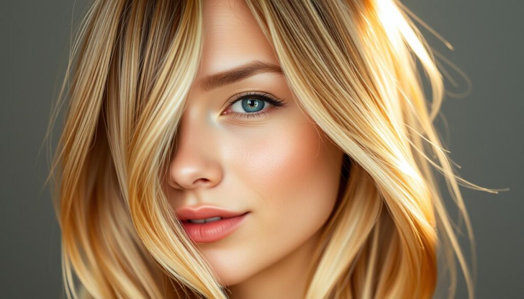 A warm, flattering blonde hair color that effortlessly enhances facial features and creates a youthful, radiant glow. Soft, dimensional highlights frame the face in a delicate, sun-kissed manner, while the roots gradually darken to create a natural, low-maintenance look. The lighting is soft and diffused, casting a gentle, ethereal illumination that accentuates the various golden hues. The model's expression is serene and content, embodying a sense of confidence and timeless beauty. The background is blurred and muted, allowing the focus to remain on the captivating hair color. A warm, flattering blonde hair color that effortlessly enhances facial features and creates a youthful, radiant glow. Soft, dimensional highlights frame the face in a delicate, sun-kissed manner, while the roots gradually darken to create a natural, low-maintenance look. The lighting is soft and diffused, casting a gentle, ethereal illumination that accentuates the various golden hues. The model's expression is serene and content, embodying a sense of confidence and timeless beauty. The background is blurred and muted, allowing the focus to remain on the captivating hair color.