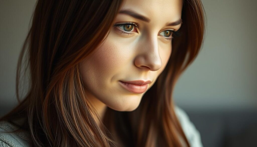 A warm, soft-focus close-up portrait of a thoughtful brunette woman with rich, chestnut-colored hair, her gaze directed slightly off-camera. Her features are subtly highlighted by gentle, naturalistic lighting from the side, creating depth and contour. The background is blurred, placing the emphasis on the subject's face and hairstyle. The overall mood is contemplative and serene, evoking the essence of the "brunette" hair color and its associated qualities. A warm, soft-focus close-up portrait of a thoughtful brunette woman with rich, chestnut-colored hair, her gaze directed slightly off-camera. Her features are subtly highlighted by gentle, naturalistic lighting from the side, creating depth and contour. The background is blurred, placing the emphasis on the subject's face and hairstyle. The overall mood is contemplative and serene, evoking the essence of the "brunette" hair color and its associated qualities.