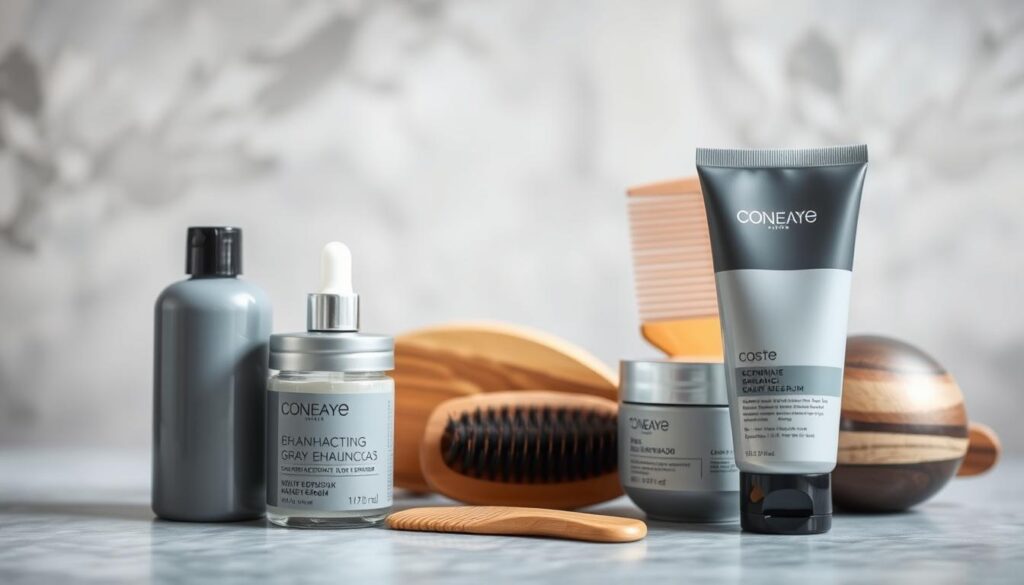 A well-lit close-up image of an assortment of the best hair care products for gray and silver hair. Positioned in the foreground are a bottle of gray-enhancing shampoo, a jar of nourishing hair serum, and a tube of color-depositing hair mask. In the middle ground, a brush and a comb in wooden tones create a sleek, natural vibe. The background features a soft, blurred bokeh effect, highlighting the premium quality and effectiveness of the items. The overall mood is one of sophistication and confidence, inspiring the viewer to embrace their natural hair color with the right product solutions. A well-lit close-up image of an assortment of the best hair care products for gray and silver hair. Positioned in the foreground are a bottle of gray-enhancing shampoo, a jar of nourishing hair serum, and a tube of color-depositing hair mask. In the middle ground, a brush and a comb in wooden tones create a sleek, natural vibe. The background features a soft, blurred bokeh effect, highlighting the premium quality and effectiveness of the items. The overall mood is one of sophistication and confidence, inspiring the viewer to embrace their natural hair color with the right product solutions.