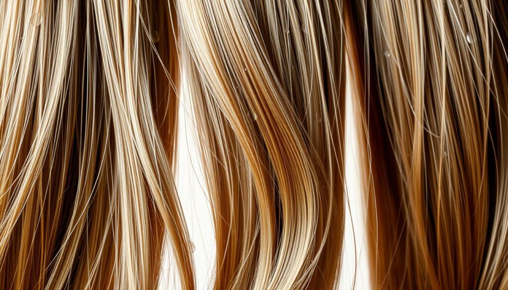 A well-lit, close-up image of healthy, shiny hair strands in various stages of the drying process. The hair should appear soft, smooth, and full of volume, with water droplets glistening on the individual strands. The background should be a clean, neutral tone that allows the hair to be the focal point. Capture the hair from multiple angles, highlighting the unique textures and movement created by the drying process. Utilize natural lighting and a shallow depth of field to create a sense of depth and intimacy. Convey the idea of hair care and the importance of proper drying techniques to maintain hair health and vitality.