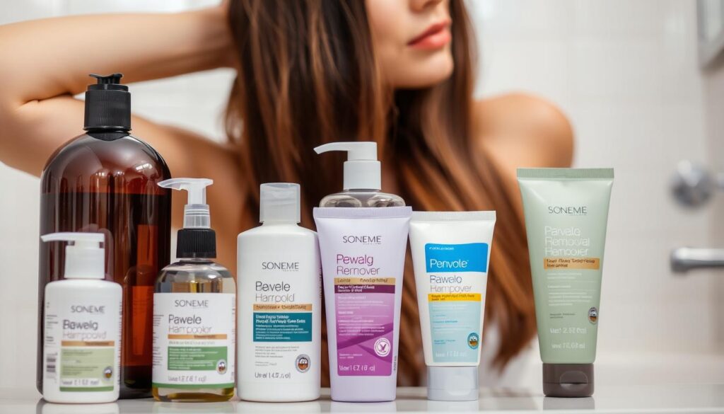A well-lit, close-up image of several effective hair care products for removing dyed hair color. The foreground features various bottles and tubes of shampoo, conditioner, and hair color remover. The middle ground showcases a woman's hands gently massaging the products into her hair. The background is blurred, suggesting a clean, minimalist bathroom setting with white tiles and fixtures. The lighting is soft and flattering, emphasizing the textures and colors of the hair and products. The overall mood is one of calm, care, and confidence in finding the right solutions to safely remove unwanted hair dye. A well-lit, close-up image of several effective hair care products for removing dyed hair color. The foreground features various bottles and tubes of shampoo, conditioner, and hair color remover. The middle ground showcases a woman's hands gently massaging the products into her hair. The background is blurred, suggesting a clean, minimalist bathroom setting with white tiles and fixtures. The lighting is soft and flattering, emphasizing the textures and colors of the hair and products. The overall mood is one of calm, care, and confidence in finding the right solutions to safely remove unwanted hair dye.